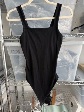 American Eagle Outfitters Black Ribbed Square-Neck Tank Bodysuit